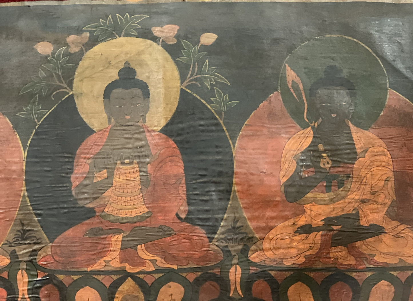 Pancha Buddha/ Five Meditating Buddha/ Dhayani Buddha  Old Oil Varnish  Tibetan Thangka Painting/ Wall Hanging