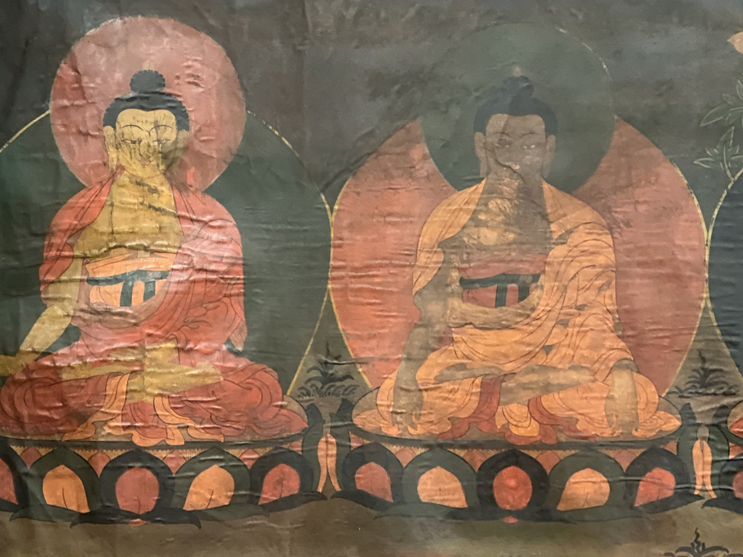 Pancha Buddha/ Five Meditating Buddha/ Dhayani Buddha  Old Oil Varnish  Tibetan Thangka Painting/ Wall Hanging