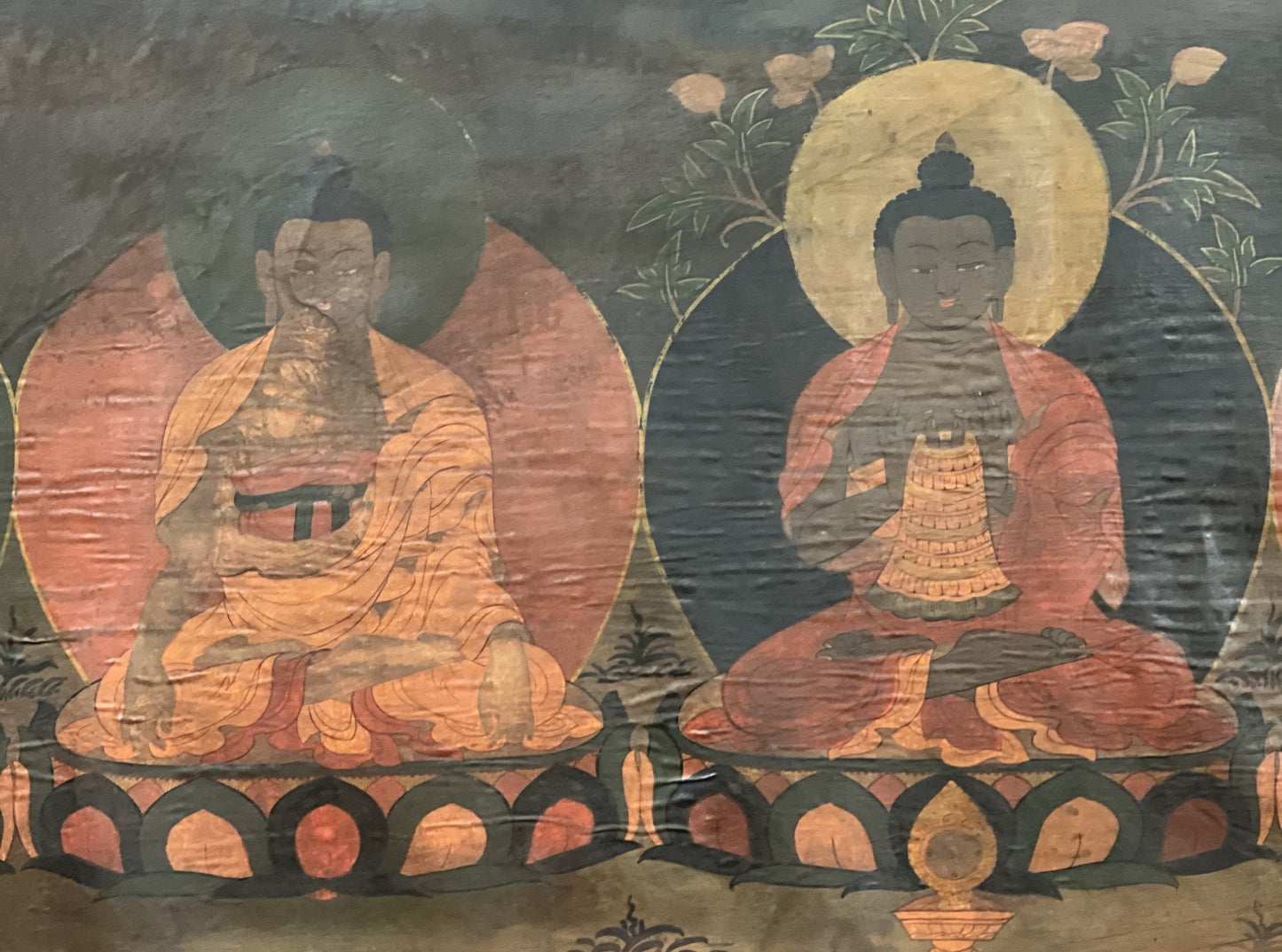 Pancha Buddha/ Five Meditating Buddha/ Dhayani Buddha  Old Oil Varnish  Tibetan Thangka Painting/ Wall Hanging