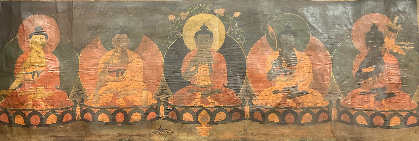 Pancha Buddha/ Five Meditating Buddha/ Dhayani Buddha  Old Oil Varnish  Tibetan Thangka Painting/ Wall Hanging