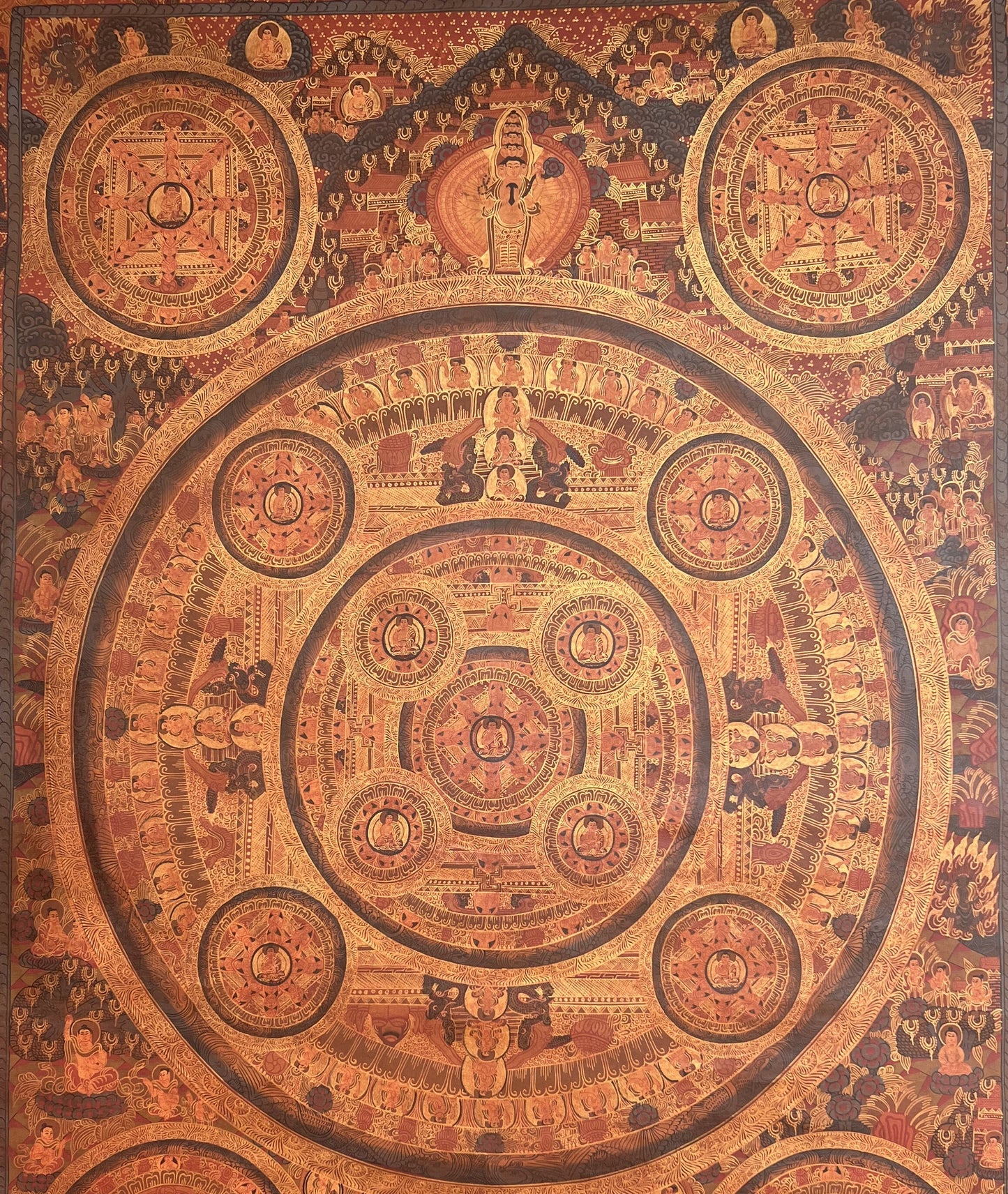 Original Hand-painted Pancha Buddha Big Circle Mandala Oil - Varnished  Large Masterpiece Tibetan Thangka / Thangka Painting Meditation Art