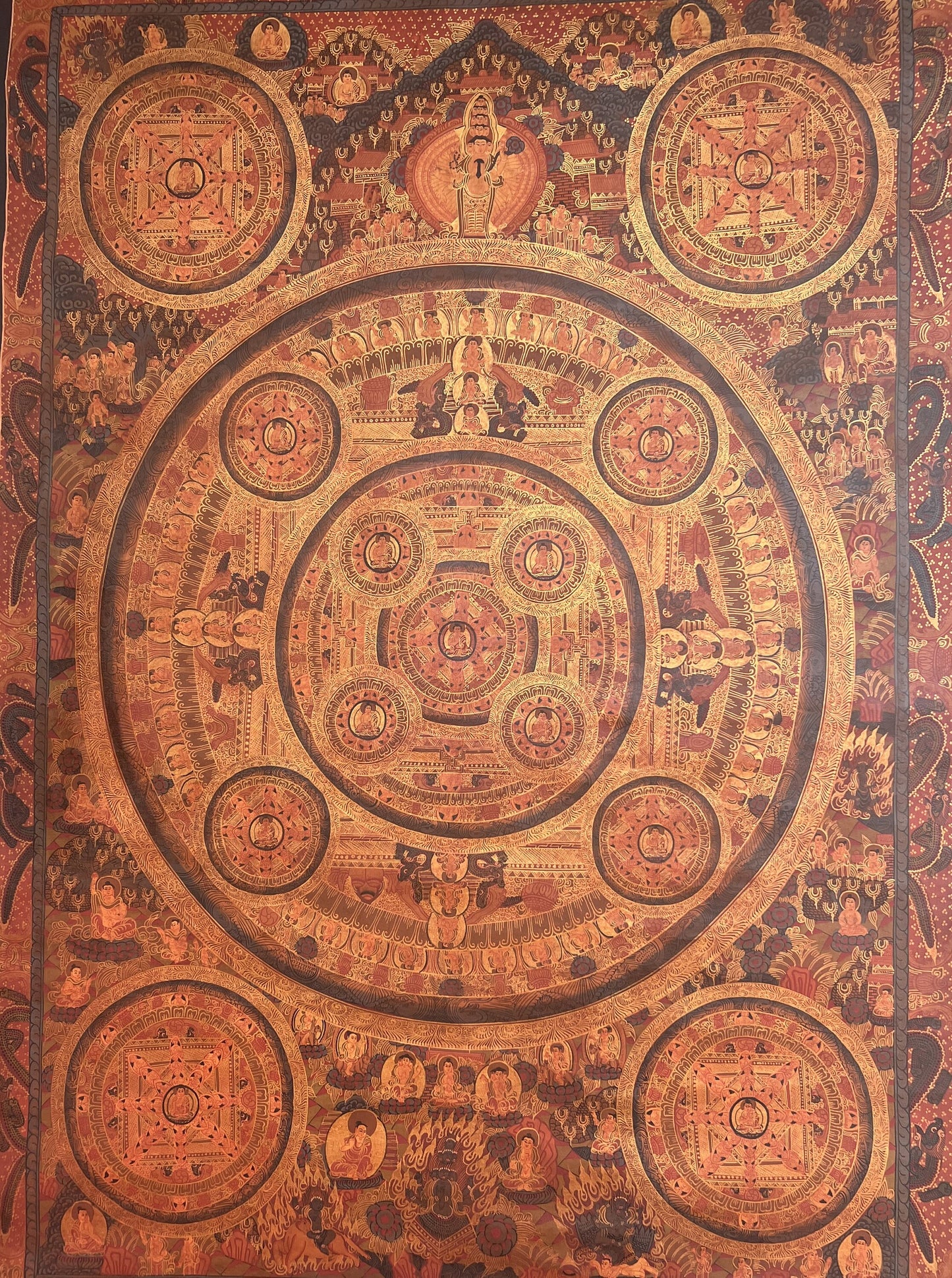 Original Hand-painted Pancha Buddha Big Circle Mandala Oil - Varnished  Large Masterpiece Tibetan Thangka / Thangka Painting Meditation Art