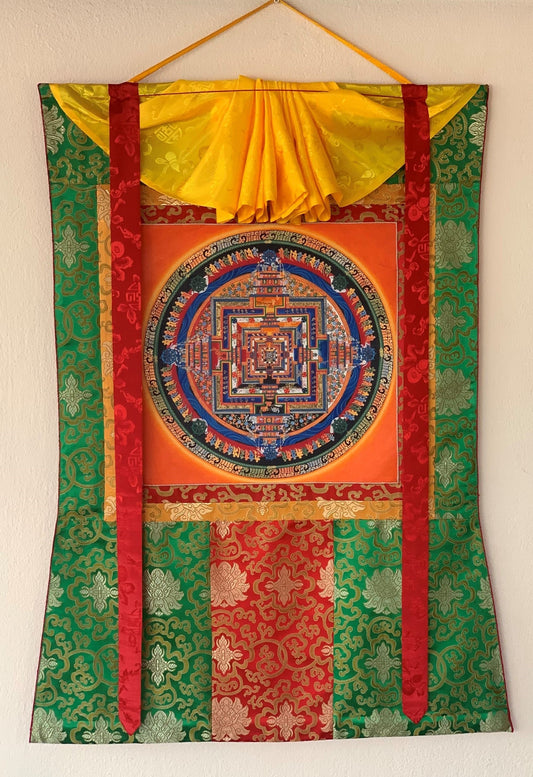 Original Hand-painted Kalachakra Mandala Wheel of Life Tibetan Thangka Painting with Silk Brocade