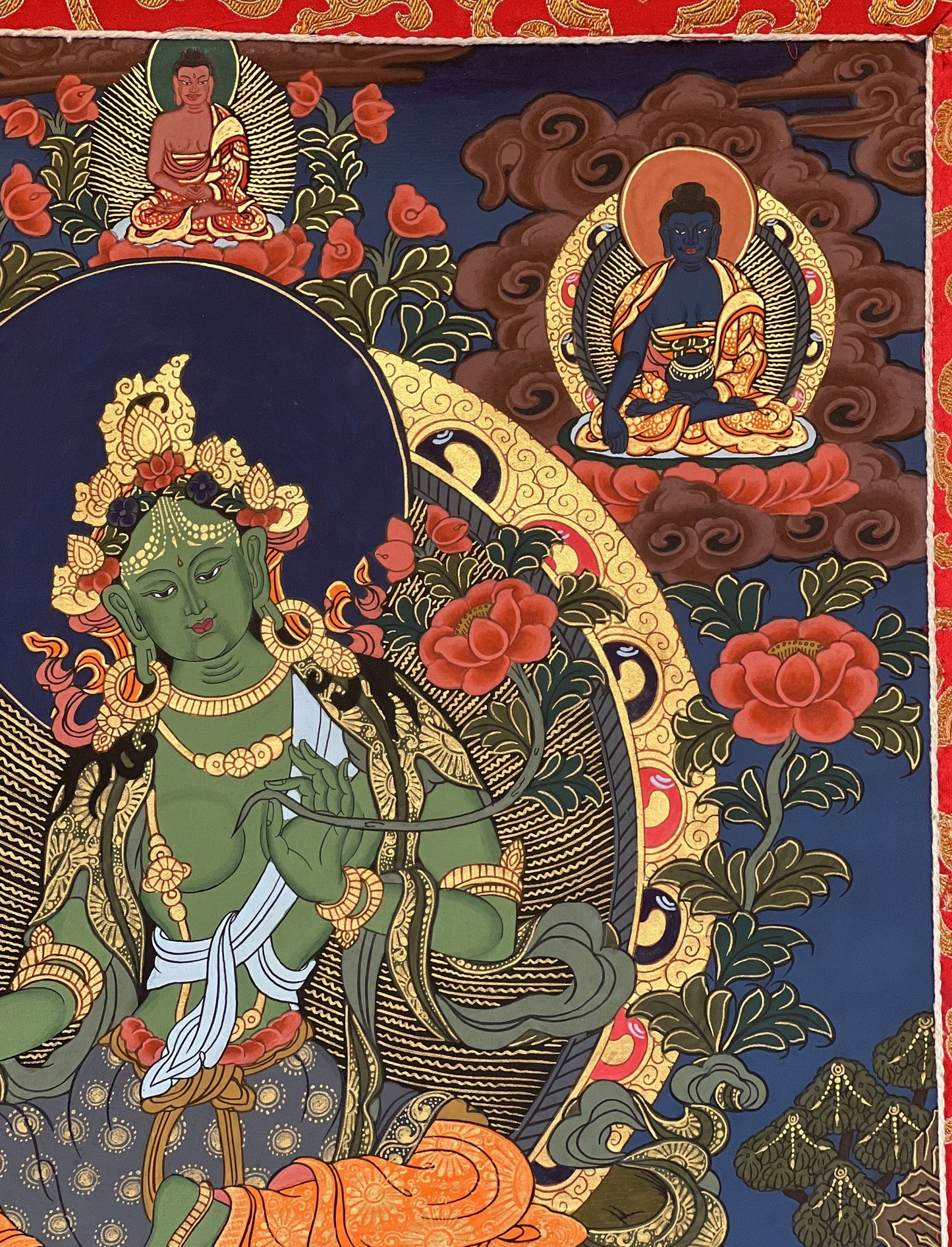 Original Hand-painted, Master Quality Green Tara/ Shyamatara/ Mother Goddess Tibetan Thangka  Painting  with Silk Brocade