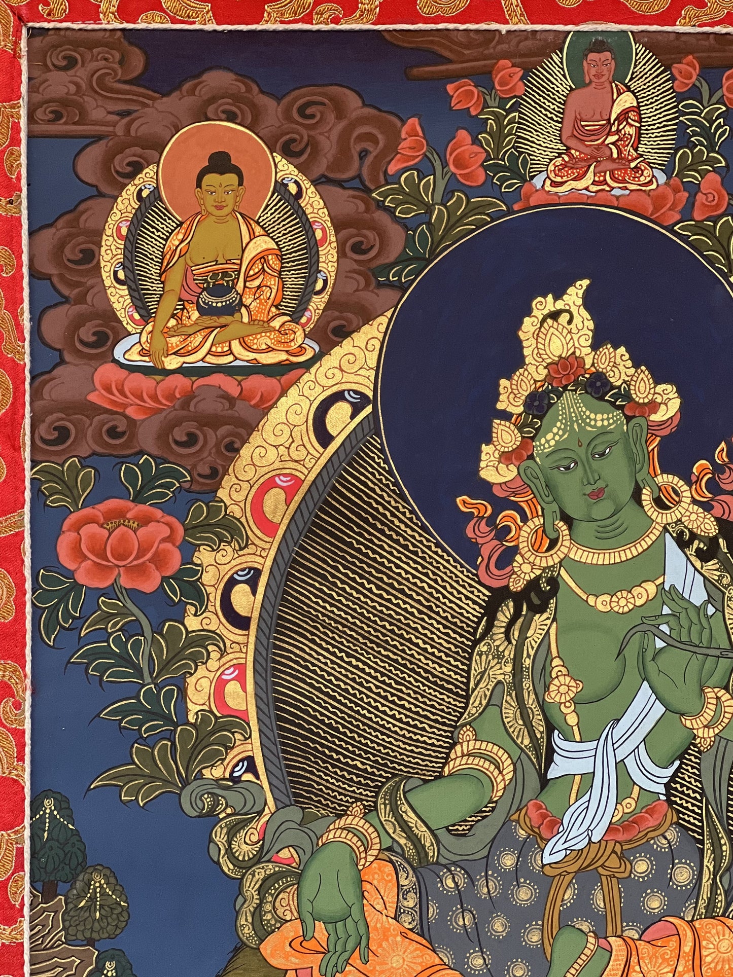 Original Hand-painted, Master Quality Green Tara/ Shyamatara/ Mother Goddess Tibetan Thangka  Painting  with Silk Brocade