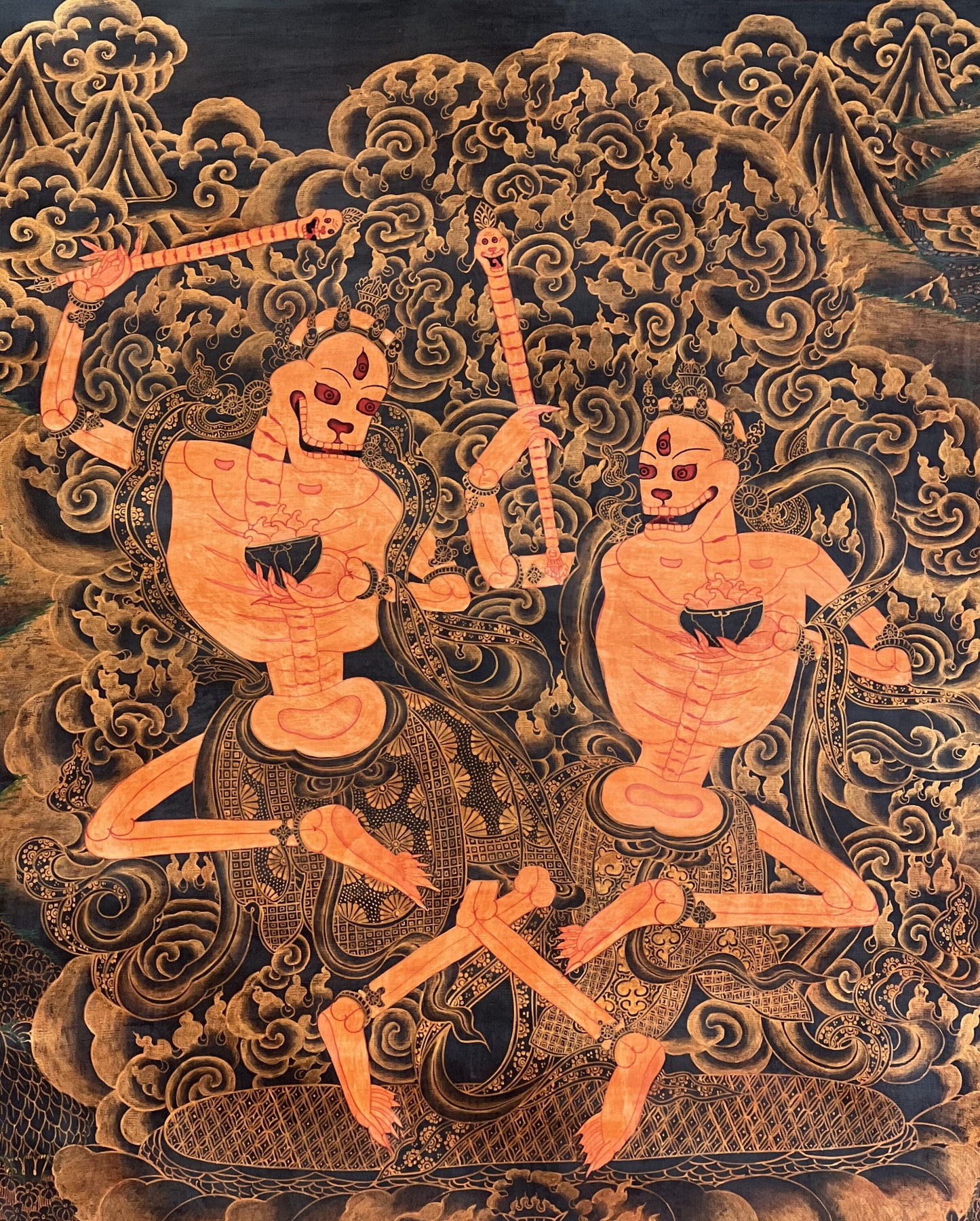 Original Hand-Painted Citipati Dancing Skeletons Happy Couple Oil Varnish Tibetan Vajrayogini Tantra Thangka/Thanka Painting