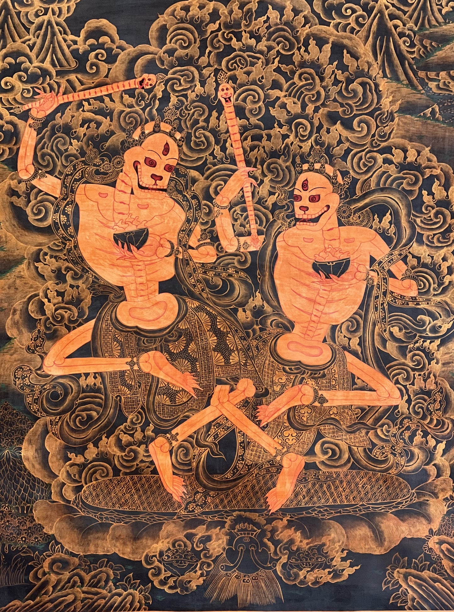 Original Hand-Painted Citipati Dancing Skeletons Happy Couple Oil Varnish Tibetan Vajrayogini Tantra Thangka/Thanka Painting