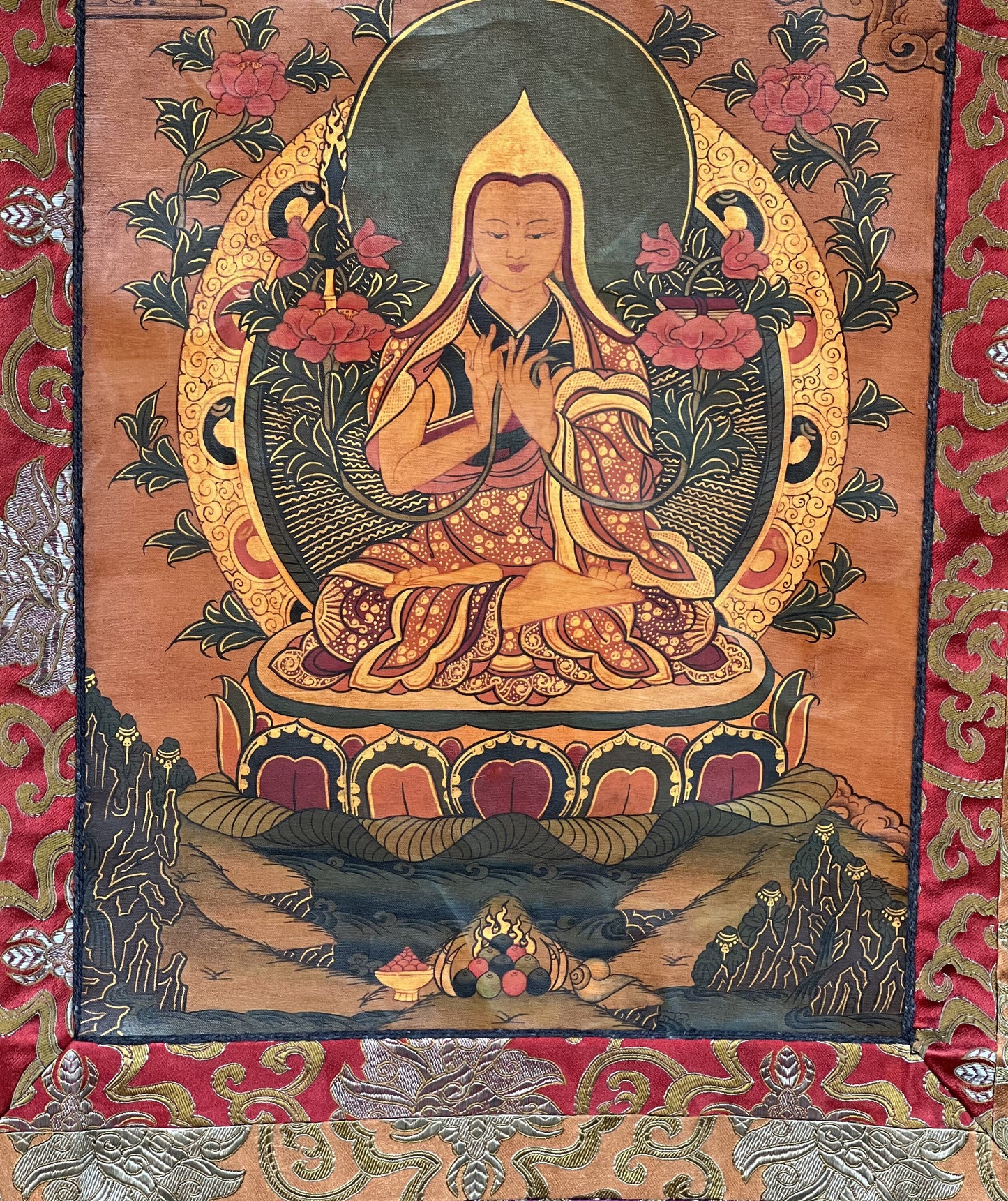 Original Hand-Painted Tsongkhapa/ Chongapa/ Oil-Varnished  Old Tibetan Thangka Painting With  Silk Brocade