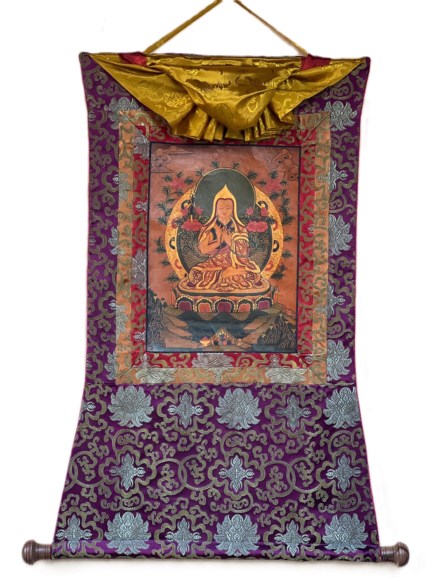 Original Hand-Painted Tsongkhapa/ Chongapa/ Oil-Varnished  Old Tibetan Thangka Painting With  Silk Brocade