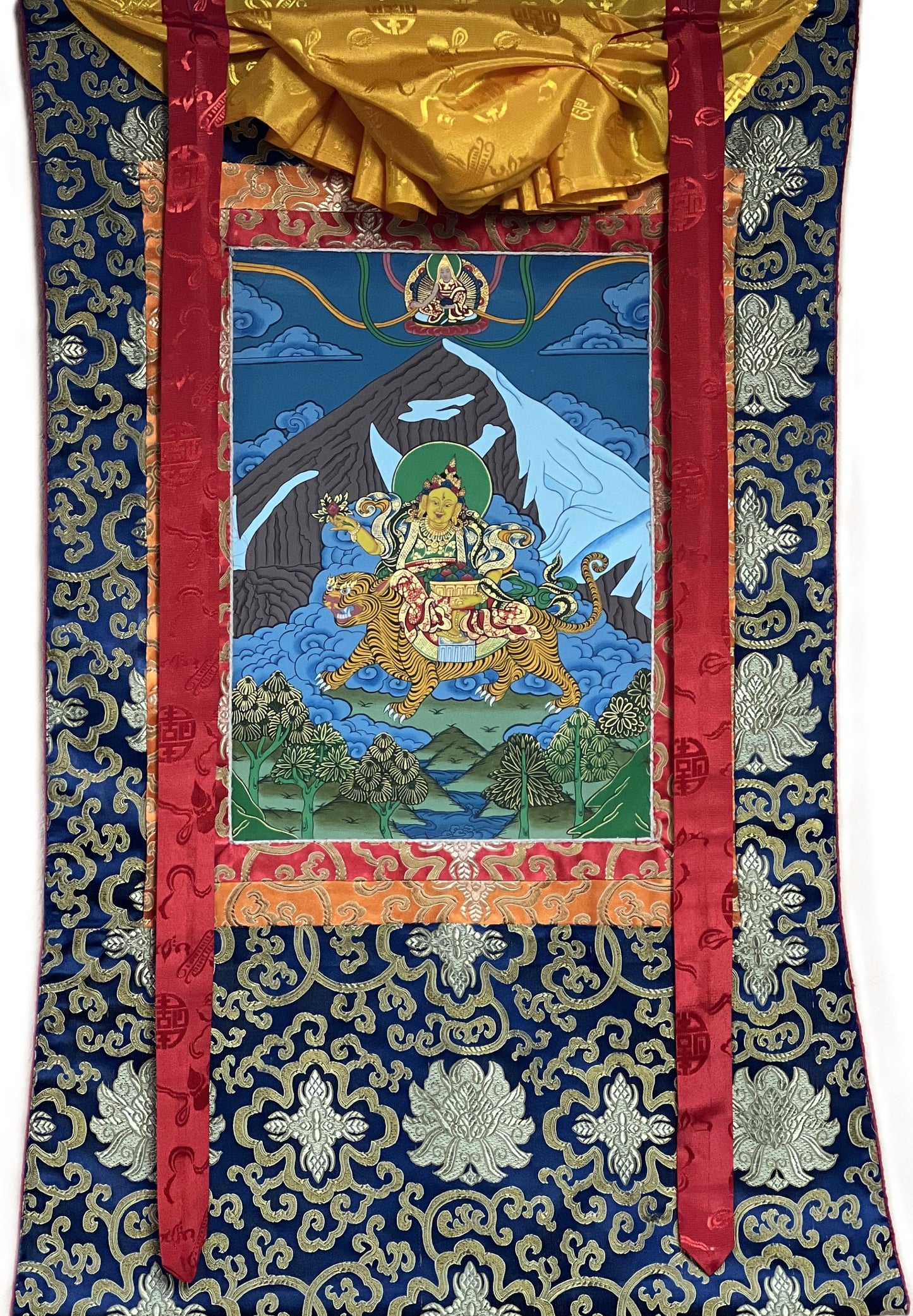 Original Hand Painted Miyolangsangma / Tibetan Goddess / Mountain Goddess Compassion  Meditation Thangka / Thanka Painting with Silk Brocade