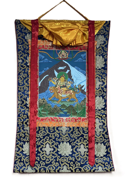 Original Hand Painted Miyolangsangma / Tibetan Goddess / Mountain Goddess Compassion  Meditation Thangka / Thanka Painting with Silk Brocade