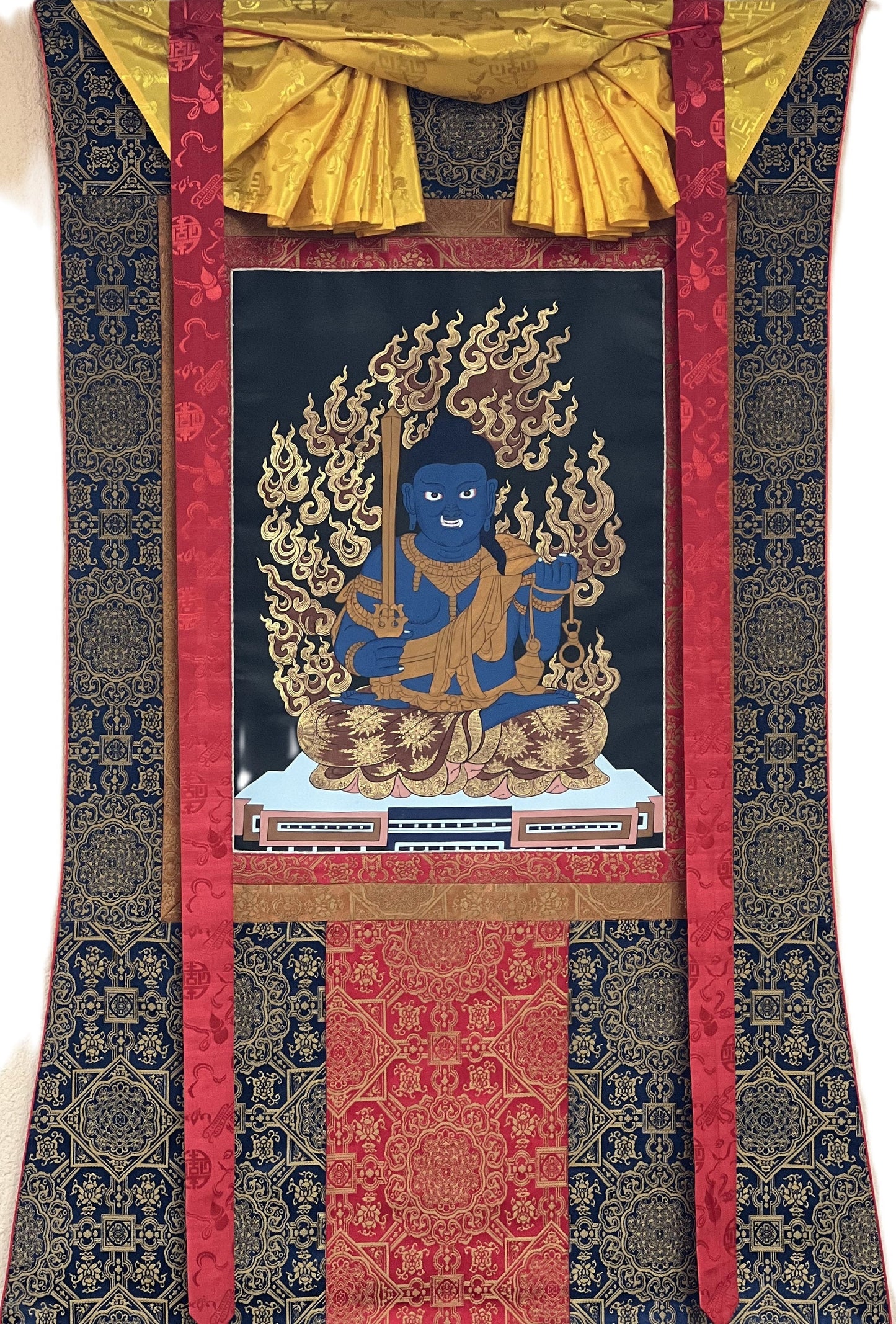 FUDO MYO-O (Acala) (不動明王), Wisdom King, Rare Hand-painted  Originnal Thangka Painting with High-Quality Silk Brocade