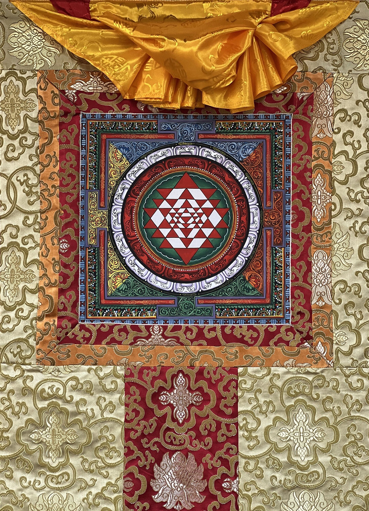 Original Hand-painted Sri Yantra Shri Yantra Shri Chakra Newari, Paubha/ Pauva/ Thangka Painting with Silk Brocade