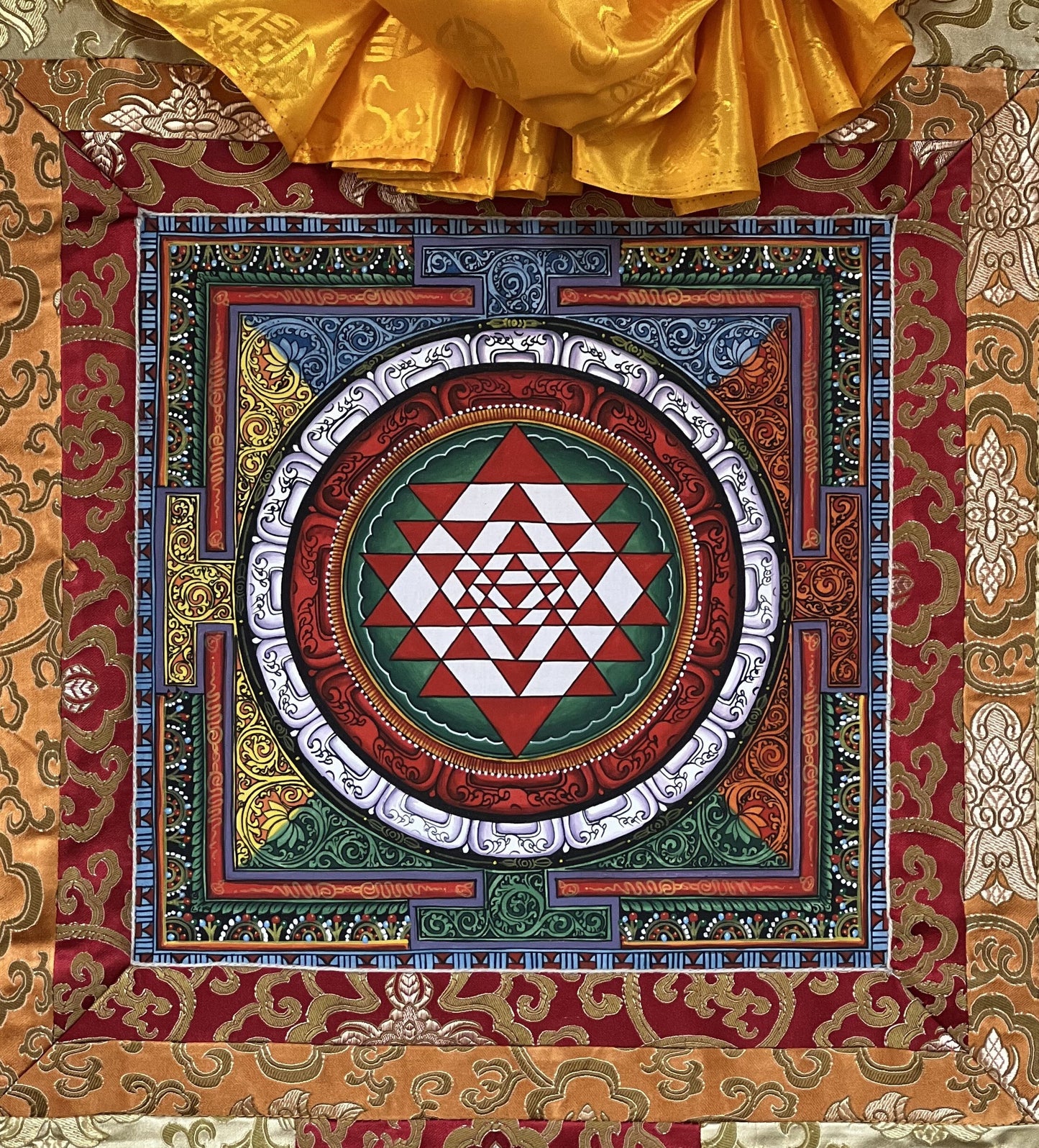 Original Hand-painted Sri Yantra Shri Yantra Shri Chakra Newari, Paubha/ Pauva/ Thangka Painting with Silk Brocade