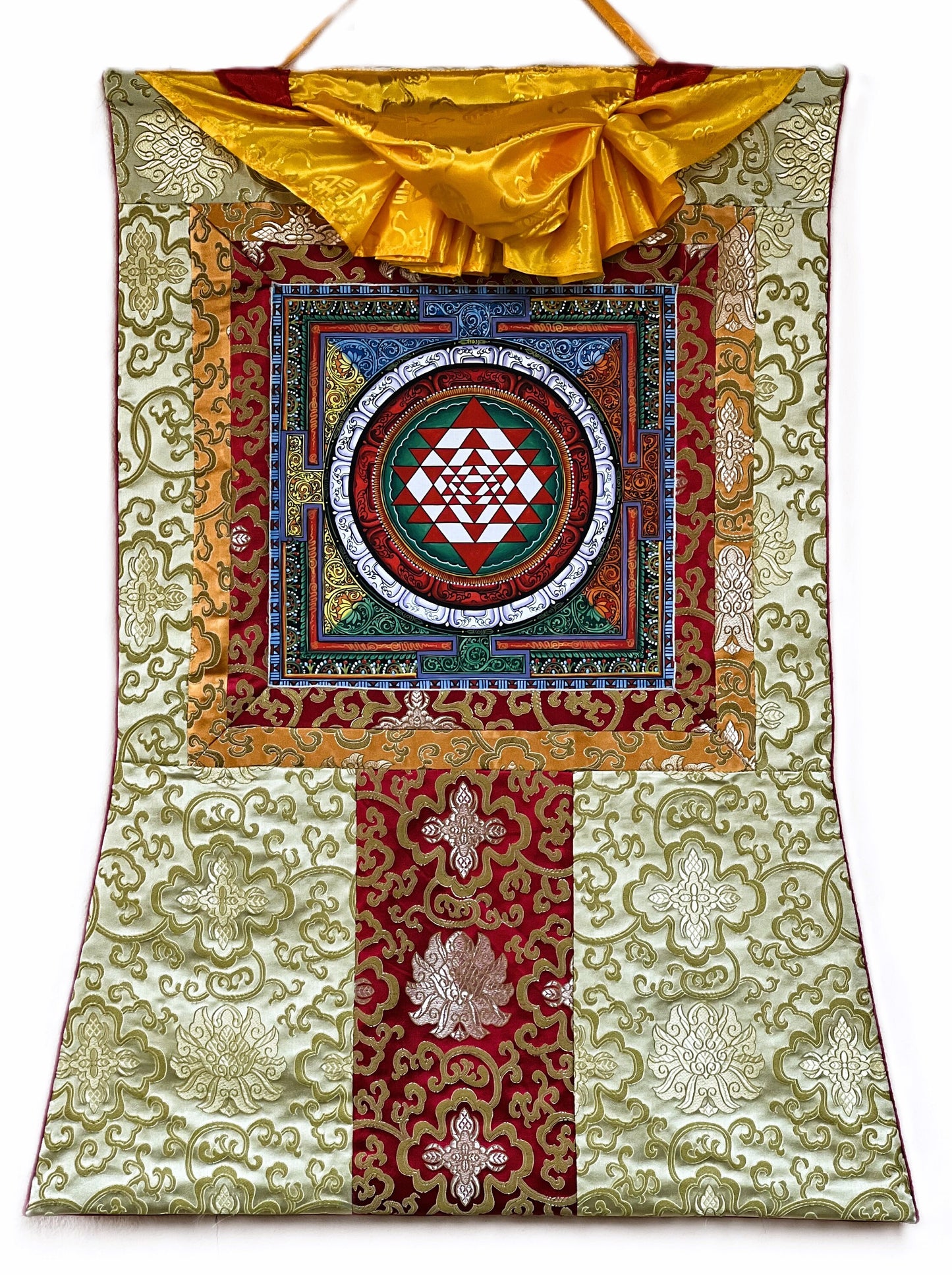 Original Hand-painted Sri Yantra Shri Yantra Shri Chakra Newari, Paubha/ Pauva/ Thangka Painting with Silk Brocade