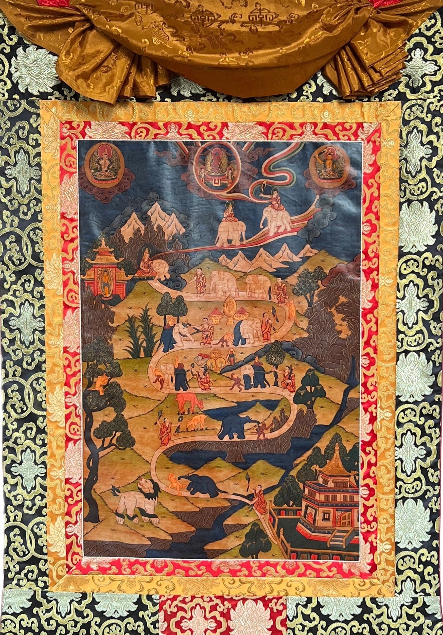 Original Hand-painted Samatha Meditation/ Elephant Path/ Way to Heaven Old Oil-Varnished Large Tibetan Thangka Painting with Silk Brocade