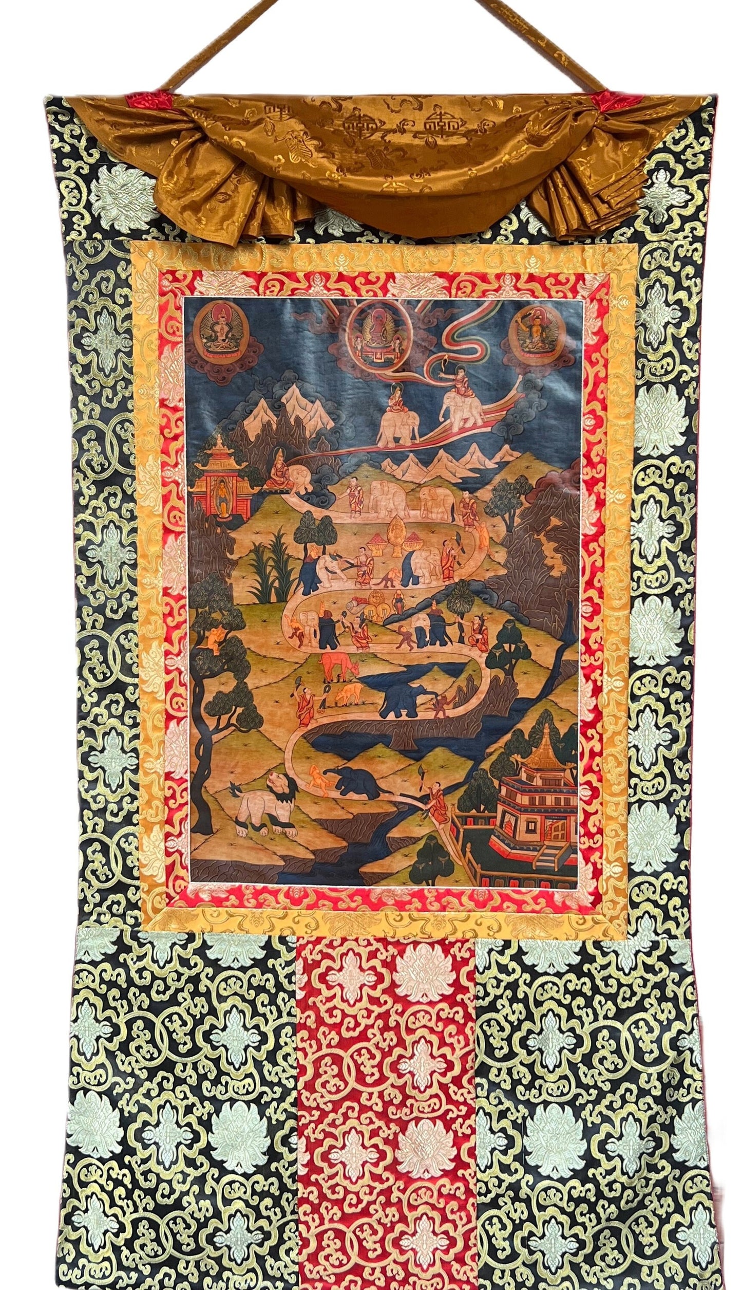 Original Hand-painted Samatha Meditation/ Elephant Path/ Way to Heaven Old Oil-Varnished Large Tibetan Thangka Painting with Silk Brocade