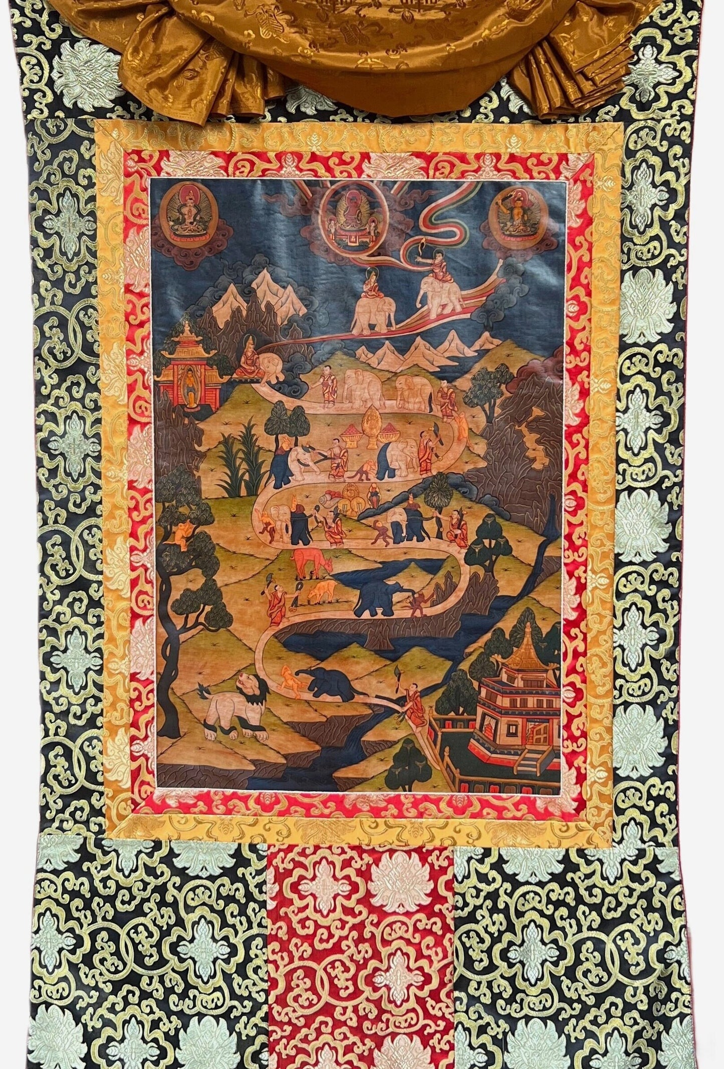 Original Hand-painted Samatha Meditation/ Elephant Path/ Way to Heaven Old Oil-Varnished Large Tibetan Thangka Painting with Silk Brocade