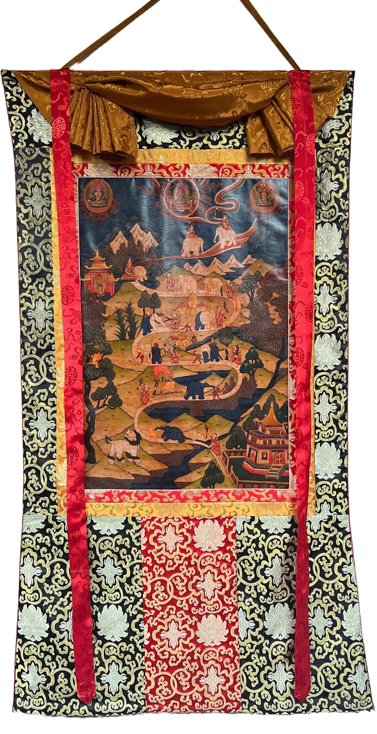 Original Hand-painted Samatha Meditation/ Elephant Path/ Way to Heaven Old Oil-Varnished Large Tibetan Thangka Painting with Silk Brocade