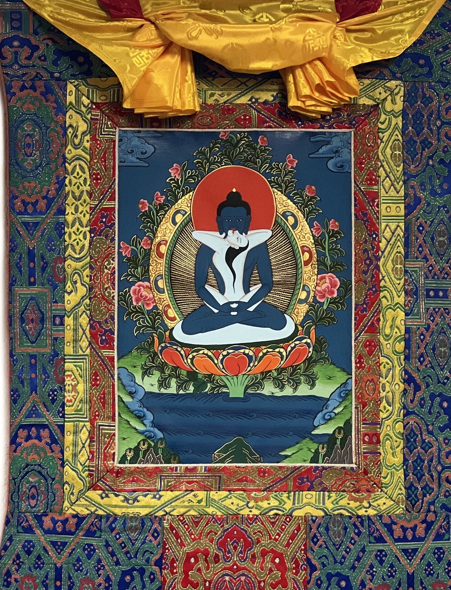 Original Hand Painted Buddha Shakti  / Samantabhadra  / Yab-Yum Tibetan Compassion Meditation Thangka / Thanka Painting Premium Silk Framed