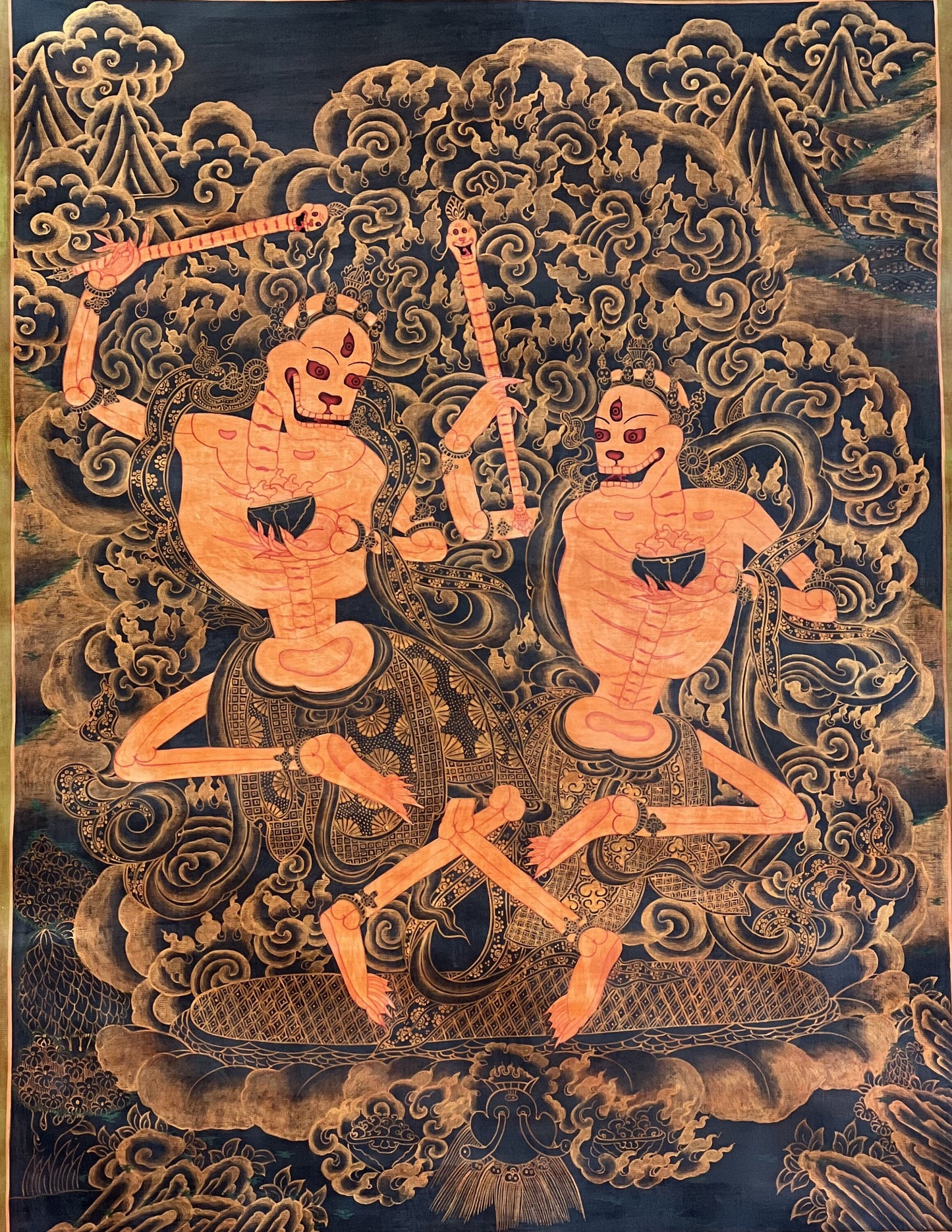 Original Hand-Painted Citipati Dancing Skeletons Happy Couple Oil Varnish Tibetan Vajrayogini Tantra Thangka/Thanka Painting