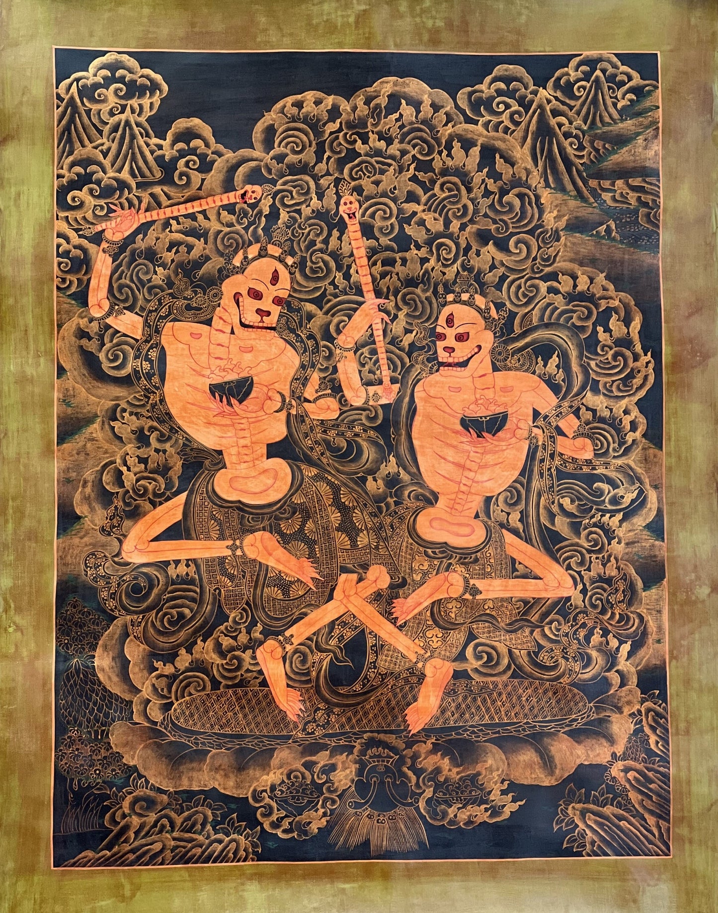 Original Hand-Painted Citipati Dancing Skeletons Happy Couple Oil Varnish Tibetan Vajrayogini Tantra Thangka/Thanka Painting