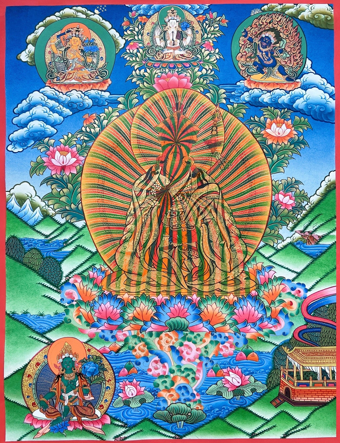 Original Hand-painted Guru Rainbow Body/ Guru Padmasambhava High-Quality Masterpiece Gold Tibetan Thangka Painting Compassion Meditation Art