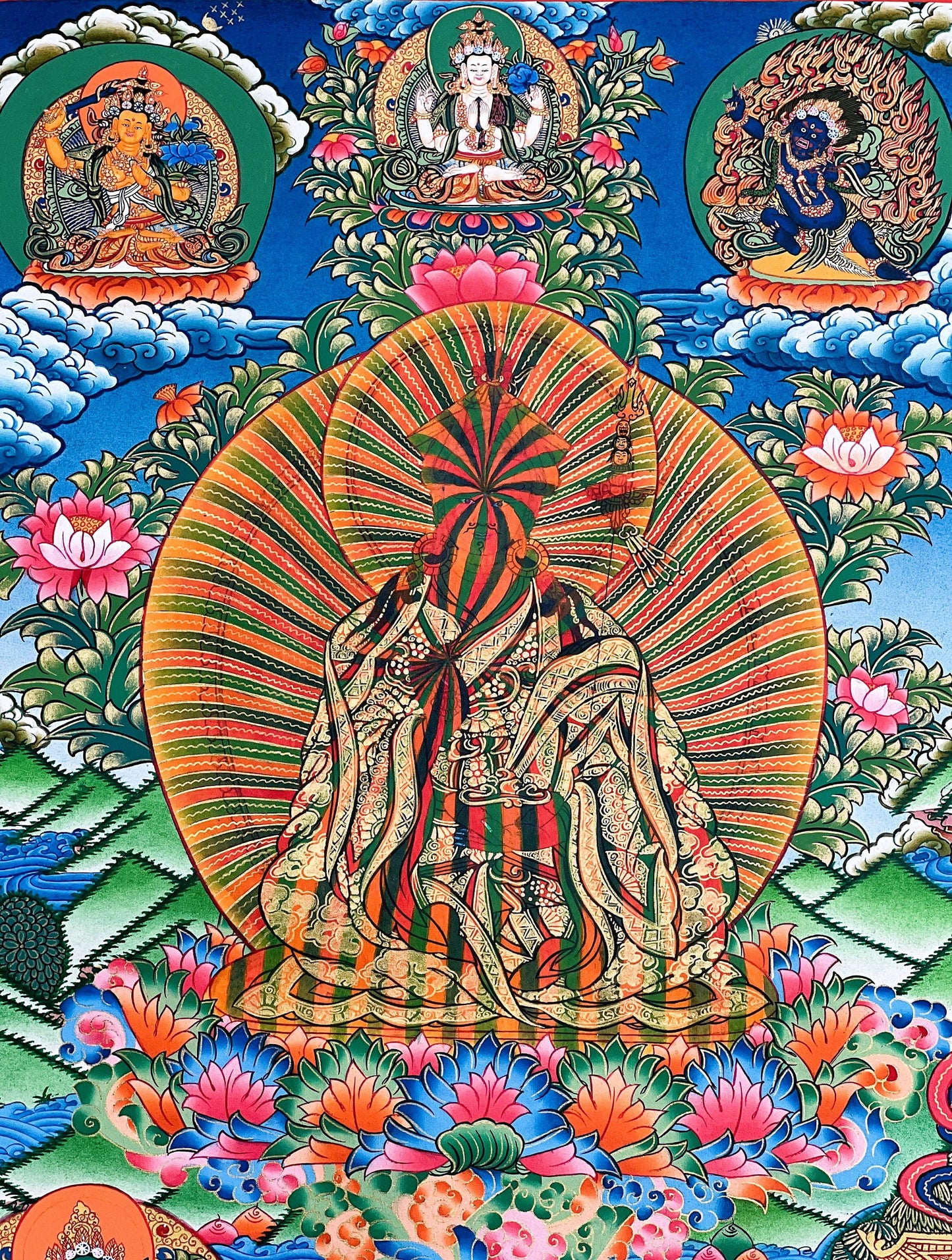 Original Hand-painted Guru Rainbow Body/ Guru Padmasambhava High-Quality Masterpiece Gold Tibetan Thangka Painting Compassion Meditation Art