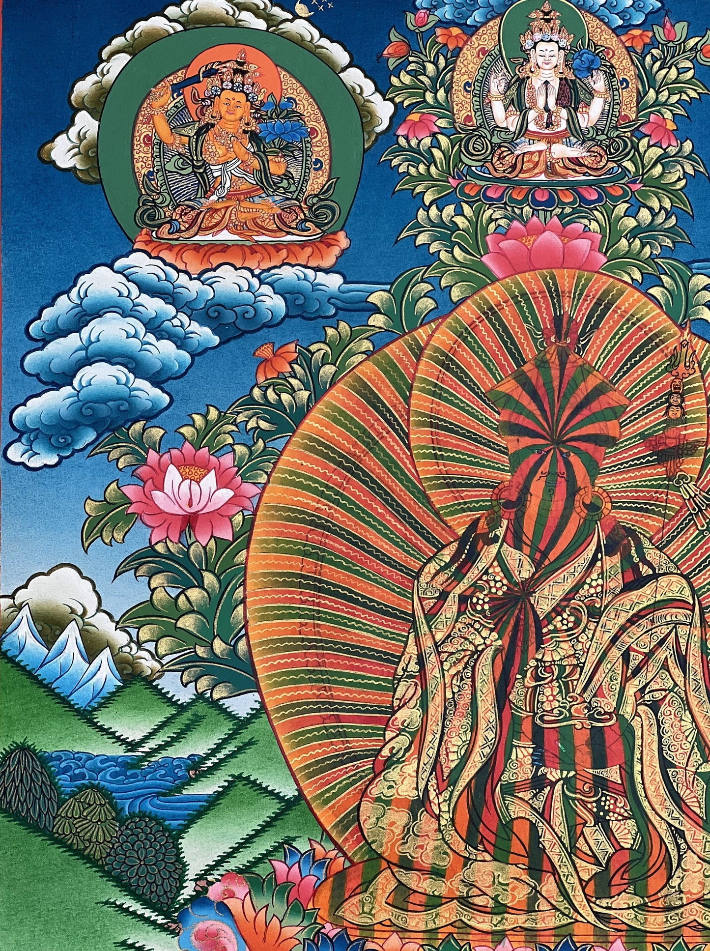 Original Hand-painted Guru Rainbow Body/ Guru Padmasambhava High-Quality Masterpiece Gold Tibetan Thangka Painting Compassion Meditation Art