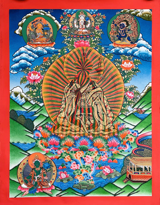 Original Hand-painted Guru Rainbow Body/ Guru Padmasambhava High-Quality Masterpiece Gold Tibetan Thangka Painting Compassion Meditation Art