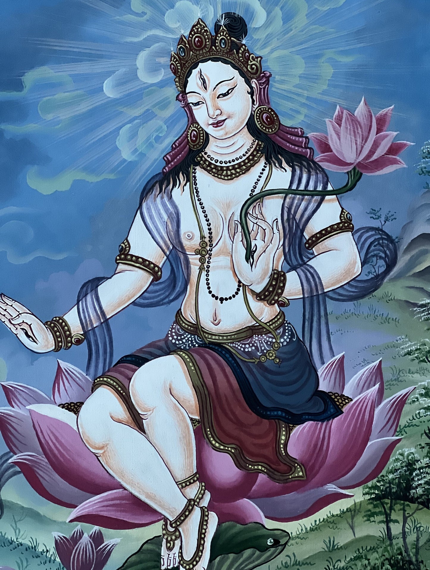 Hand painted Original White Tara / Mother Goddess Newari Paubha/Pauva /Thangka / Painting Compassion Meditation Art  From Nepal