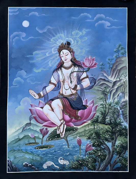 Hand painted Original White Tara / Mother Goddess Newari Paubha/Pauva /Thangka / Painting Compassion Meditation Art  From Nepal