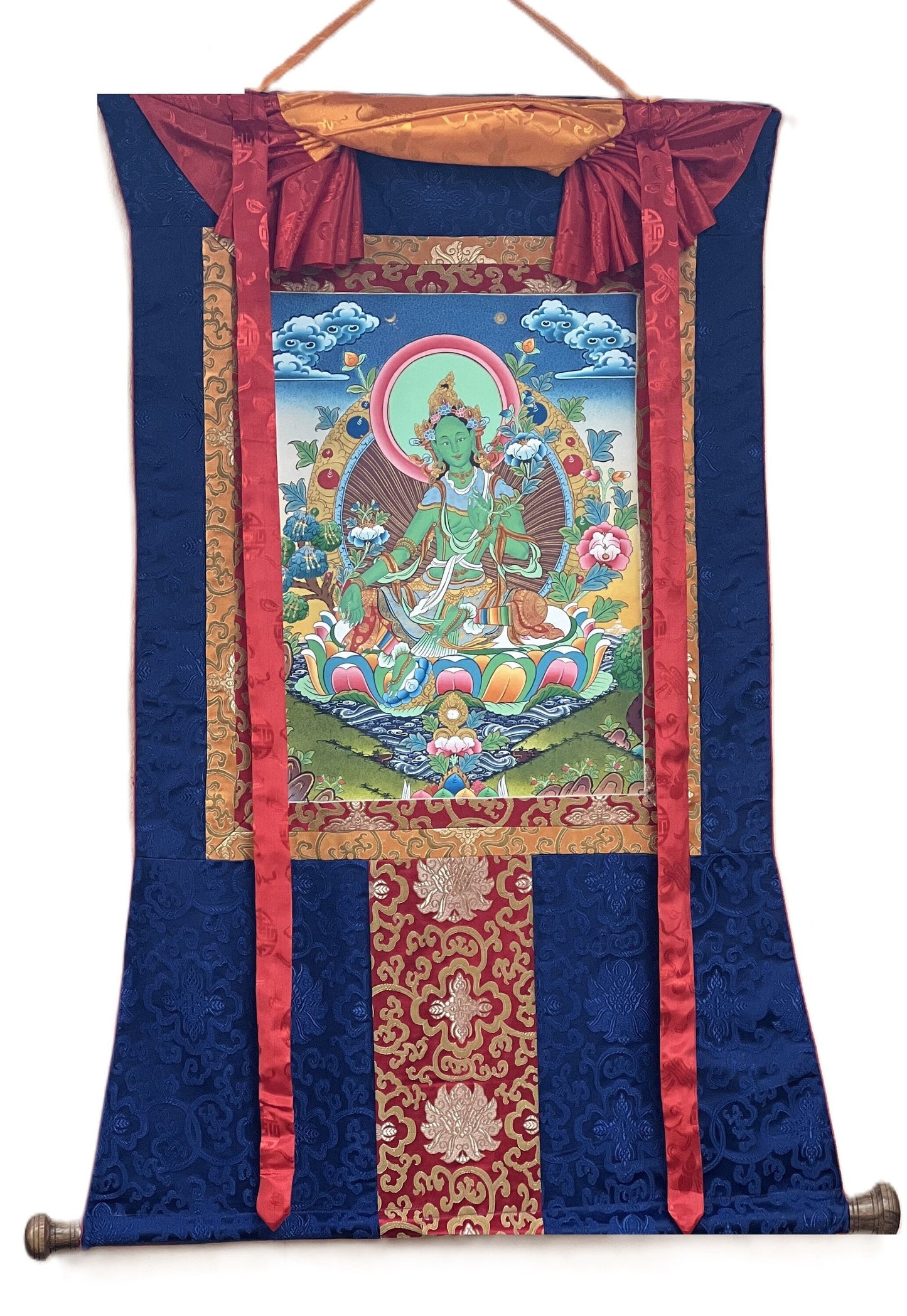 Hand-painted Original Master Quality Green Tara Tibetan Compassion Meditation Thanka  / Thangka Painting with Traditional Silk Brocade