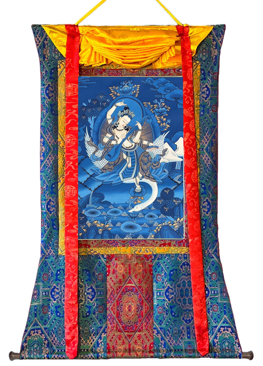 Original Hand-painted Mother Saraswati/Saraswoti/ Sarasavati Goddess of Learning Art Music Thangka Painting with High Quality  Silk Brocade