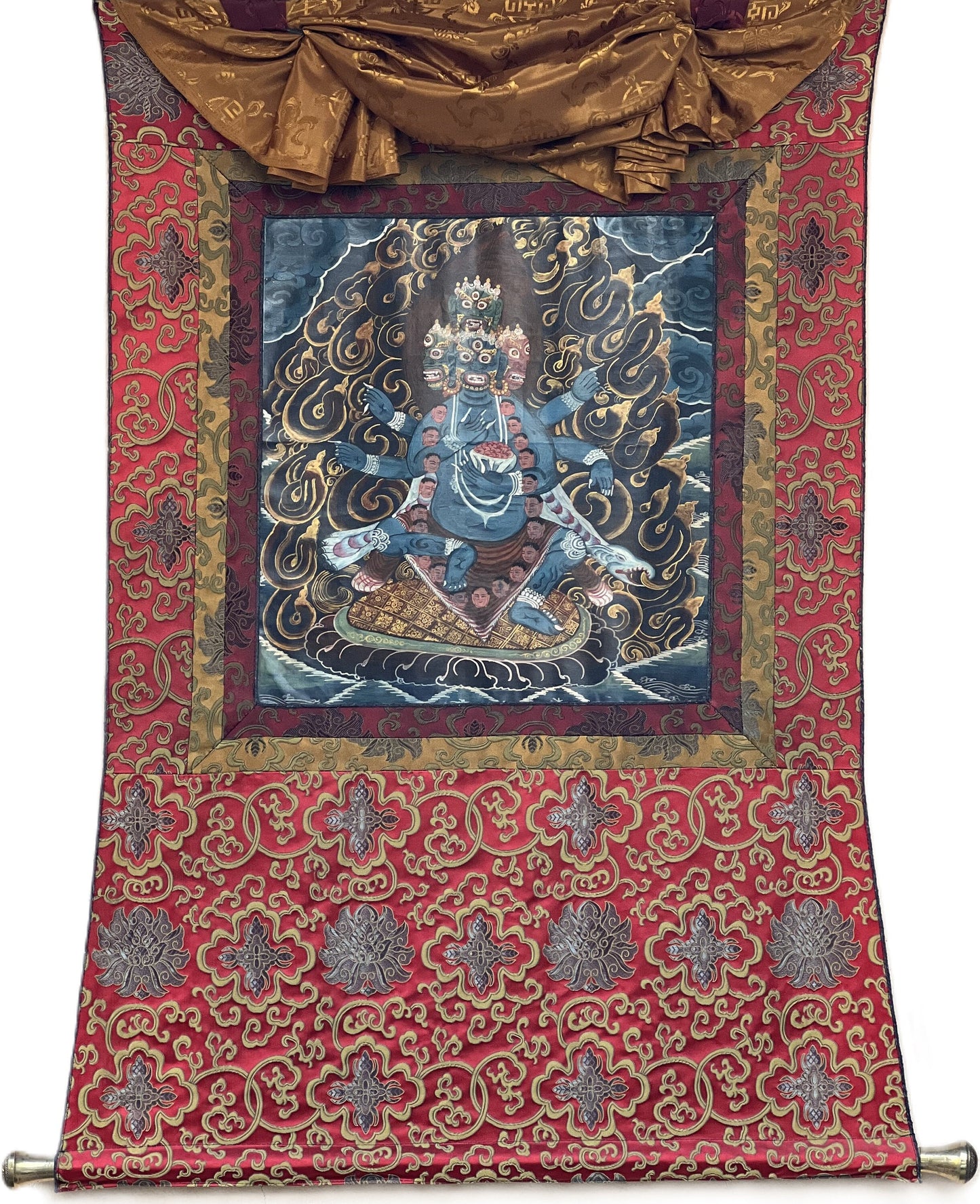 Original Hand-painted Multi-Headed, Demigod  Bhairava or Kalabhairava Guardian Diety Old Oiled Thanka Painting Newari Art  with Silk Brocade