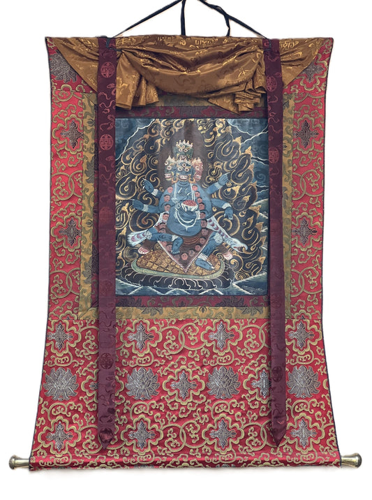 Original Hand-painted Multi-Headed, Demigod  Bhairava or Kalabhairava Guardian Diety Old Oiled Thanka Painting Newari Art  with Silk Brocade