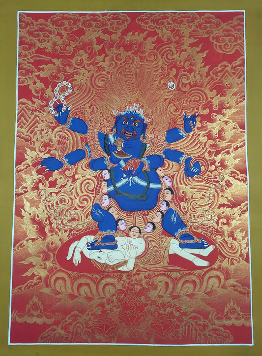 Original Hand Painted Masterpiece Six Arms Black-Cloaked Mahakala / Protector / Tibetan Compassion / Meditation Thangka / Thanka  Painting