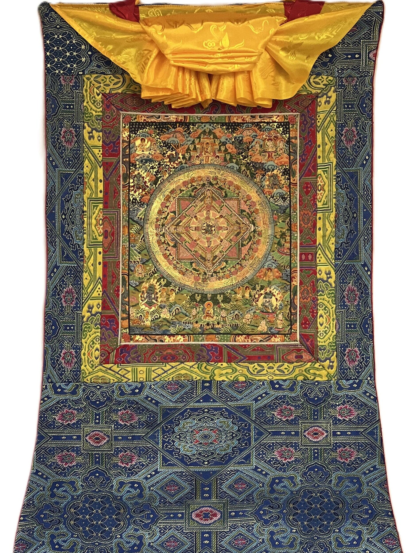 Original Hand-painted Wheel of Life Heruka in Center Tibetan Thangka/Thanka Painting Wall Hanging Meditation Art with Premium Silk Brocade