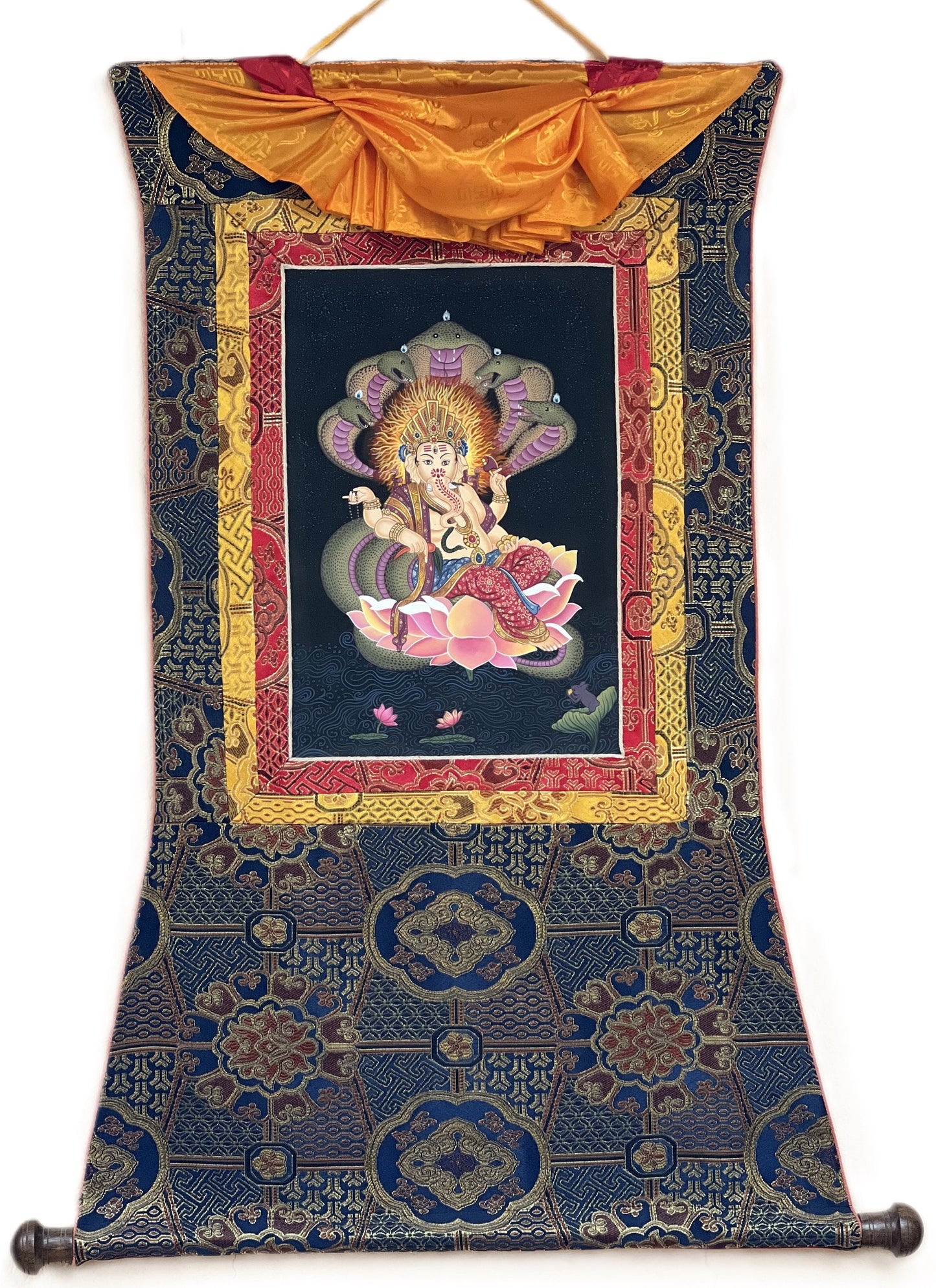 Hand painted Master Quality Ganesha/ Ganapati/ Vinayaka/ Destroyer of Obstacle Newari Paubha/Thangka Painting with Premium Silk Brocade