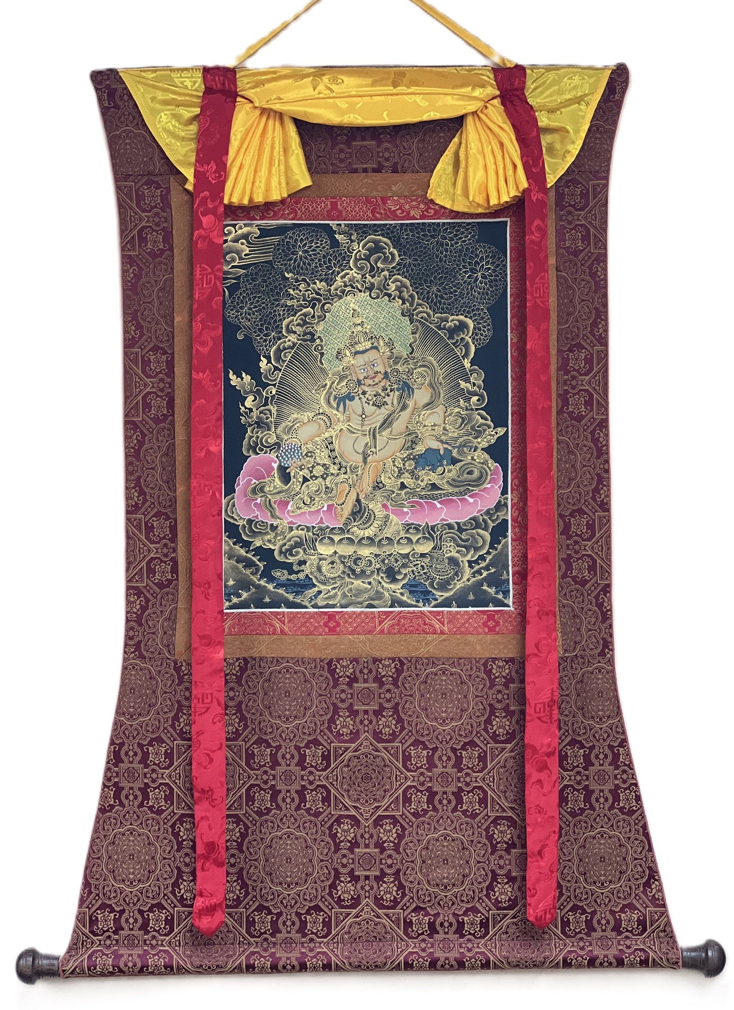 Original Hand Painted Kubera/ Jambhala/ Zambala God Of Wealth Tibetan Compassion / Meditation Thangka  Painting with Premium Silk Brocade