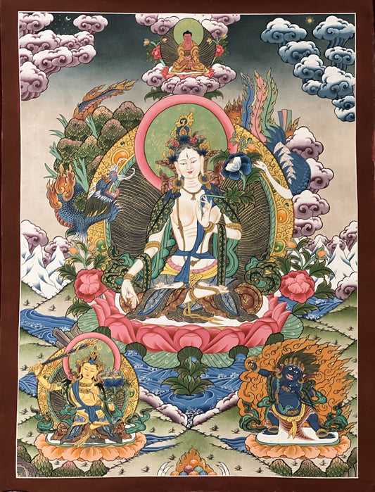 Hand-painted Original White Tara /Mother Goddess Masterpiece Compassion Meditation Tibetan Thangka Painting from Nepal