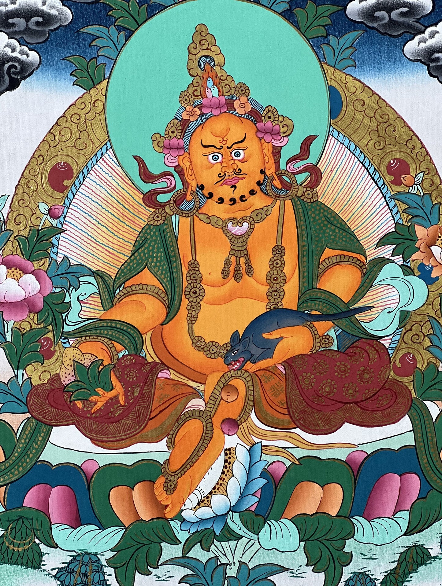 Original Hand Painted Kubera Jambhala/Dzambhala/Zambala God Of Wealth Tibetan Compassion / Meditation Thangka / Thanka  Painting From Nepal