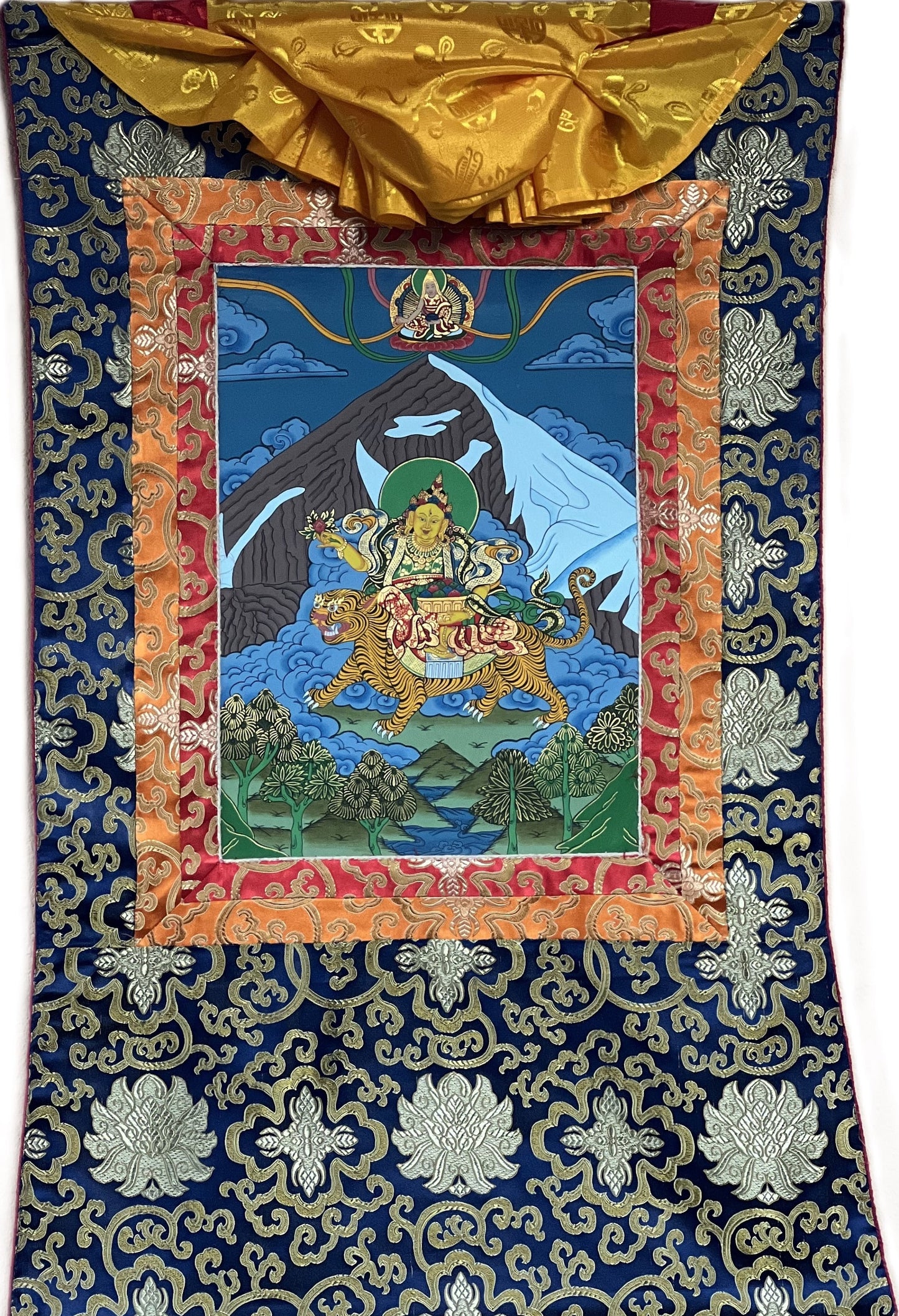 Original Hand Painted Miyolangsangma / Tibetan Goddess / Mountain Goddess Compassion  Meditation Thangka / Thanka Painting with Silk Brocade