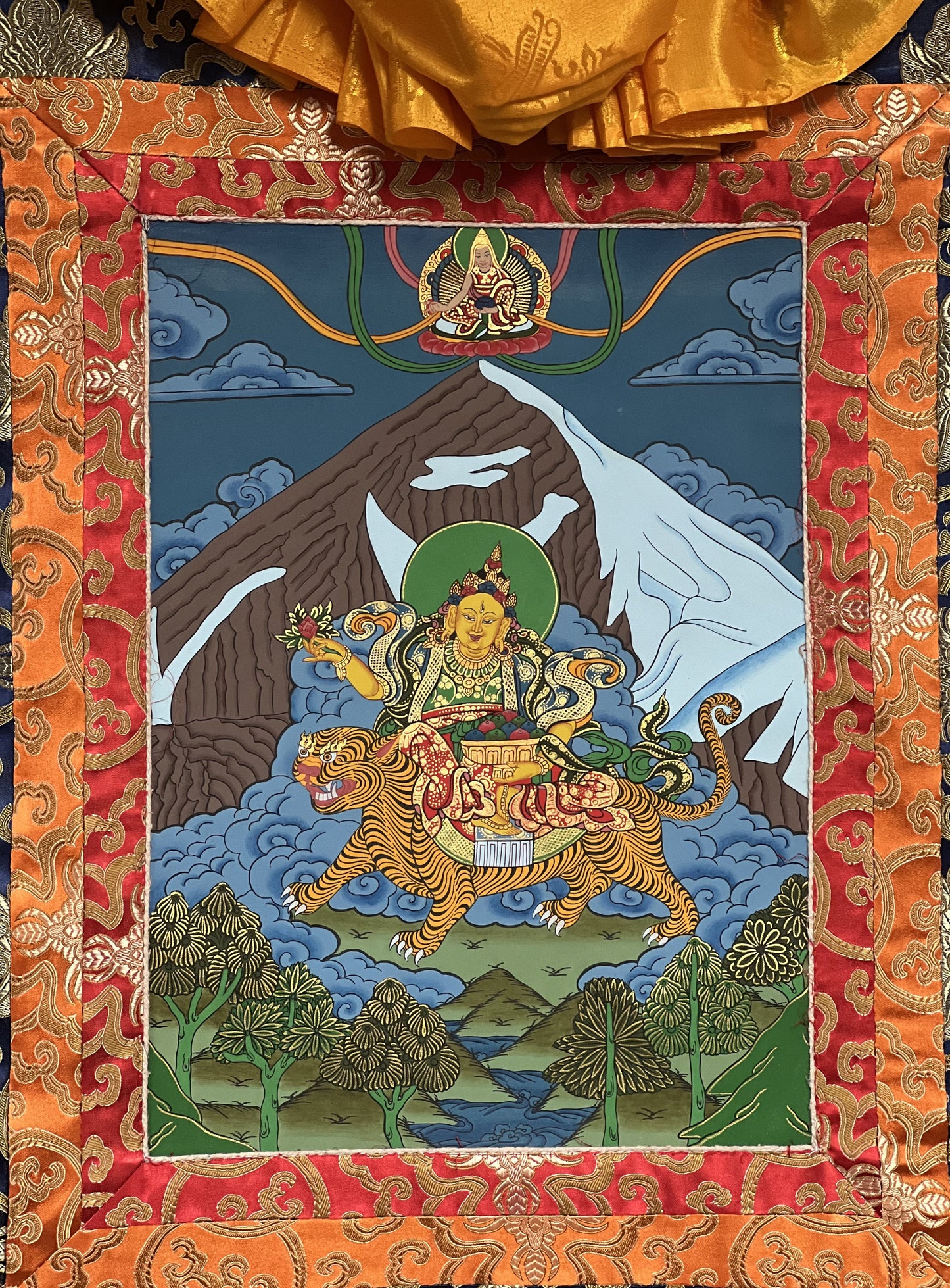 Original Hand Painted Miyolangsangma / Tibetan Goddess / Mountain Goddess Compassion  Meditation Thangka / Thanka Painting with Silk Brocade