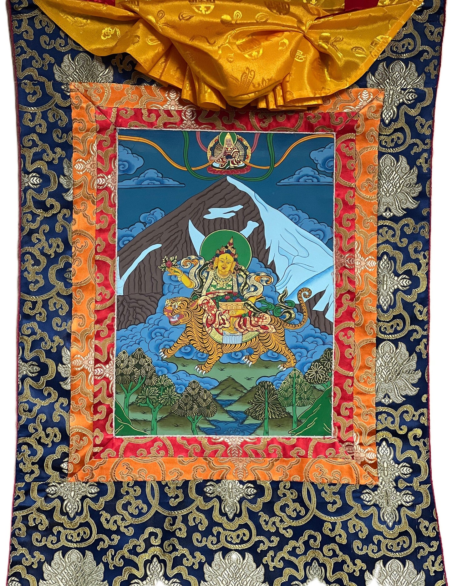 Original Hand Painted Miyolangsangma / Tibetan Goddess / Mountain Goddess Compassion  Meditation Thangka / Thanka Painting with Silk Brocade