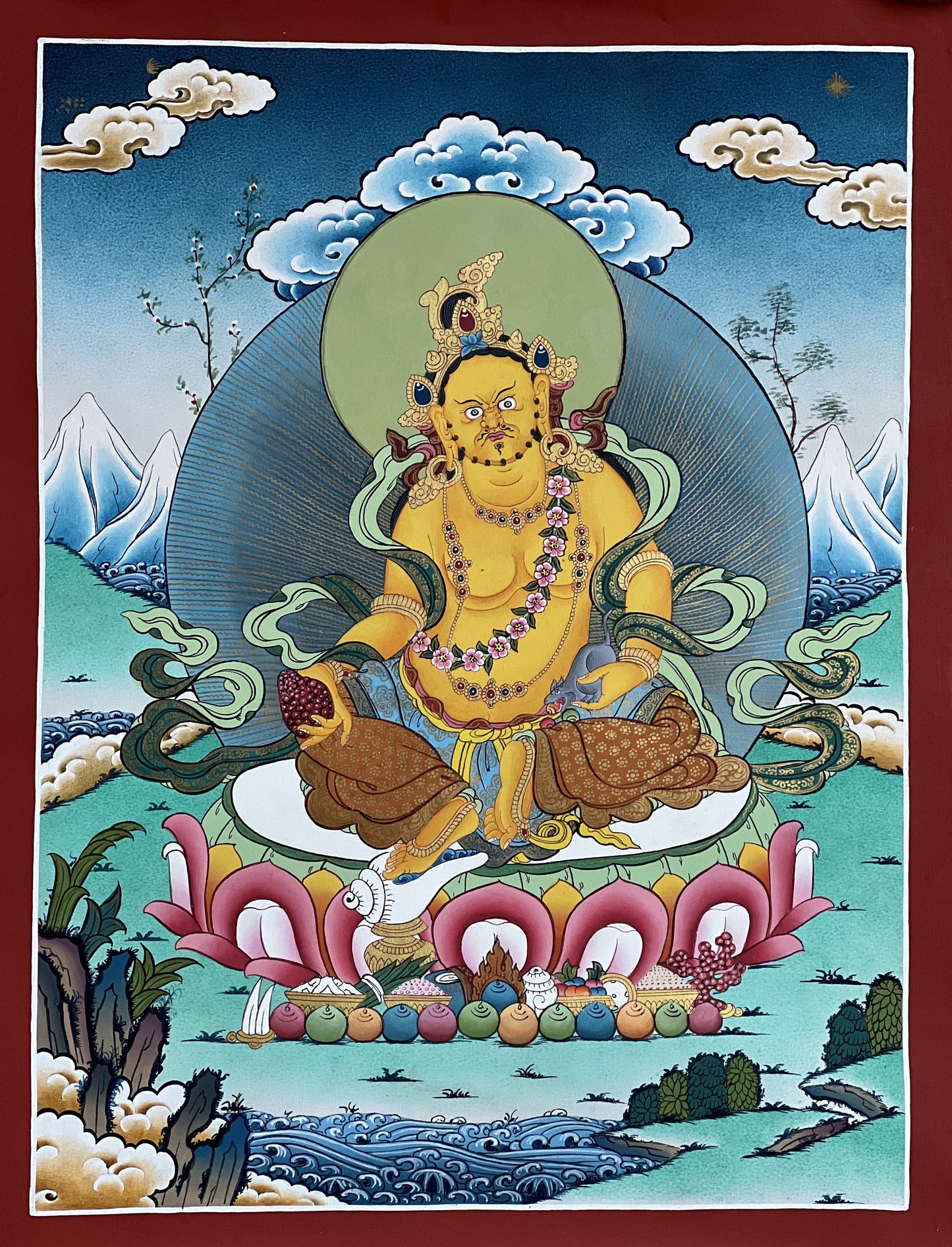 Original Hand-painted Yellow Jambhala/ Zambala/ Zambhala/ Kuber God of Wealth Masterpiece Gold Tibetan Thangka Painting