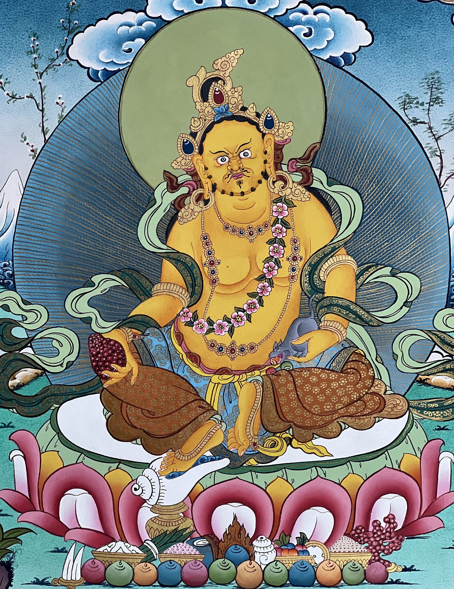 Original Hand-painted Yellow Jambhala/ Zambala/ Zambhala/ Kuber God of Wealth Masterpiece Gold Tibetan Thangka Painting