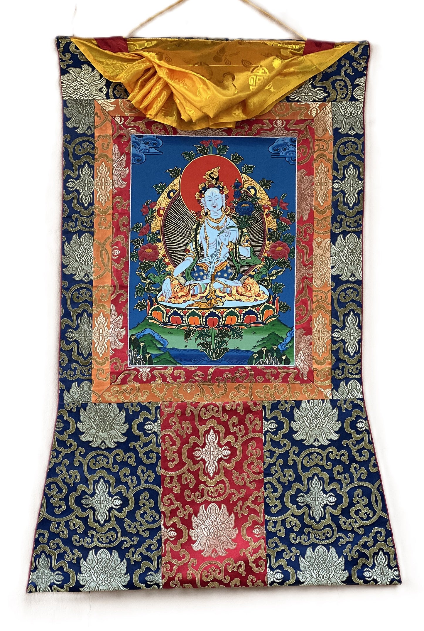 Original Hand Painted White Tara / Mother Goddess / Tibetan Compassion  Meditation Thangka / Thanka Painting with Silk Brocade