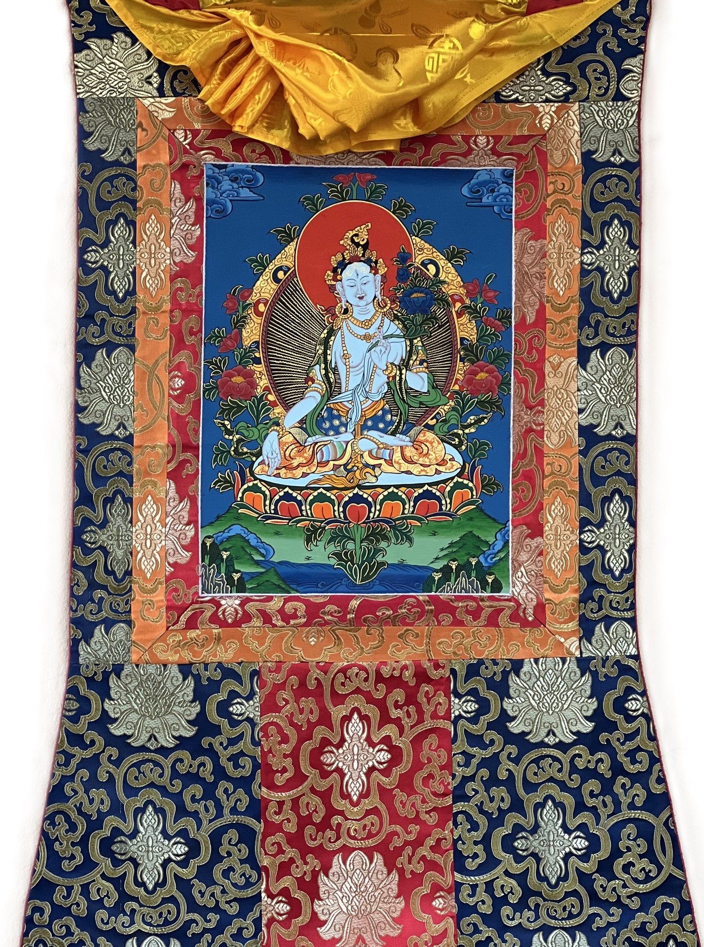 Original Hand Painted White Tara / Mother Goddess / Tibetan Compassion  Meditation Thangka / Thanka Painting with Silk Brocade