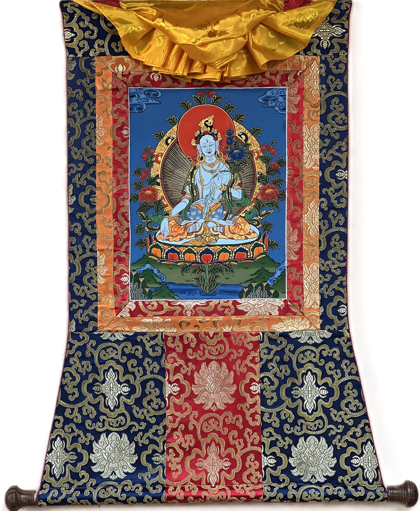 Original Hand Painted White Tara / Mother Goddess / Tibetan Compassion  Meditation Thangka / Thanka Painting with Silk Border